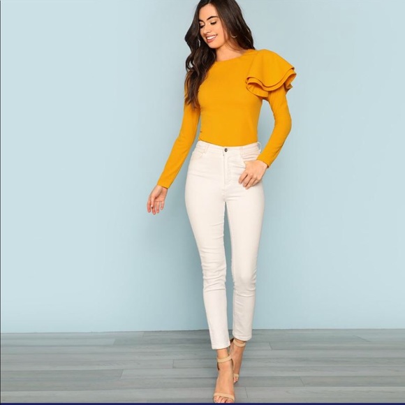 Zip Back Ruffle Long Sleeve Women's Shirt - Picture 4 of 5